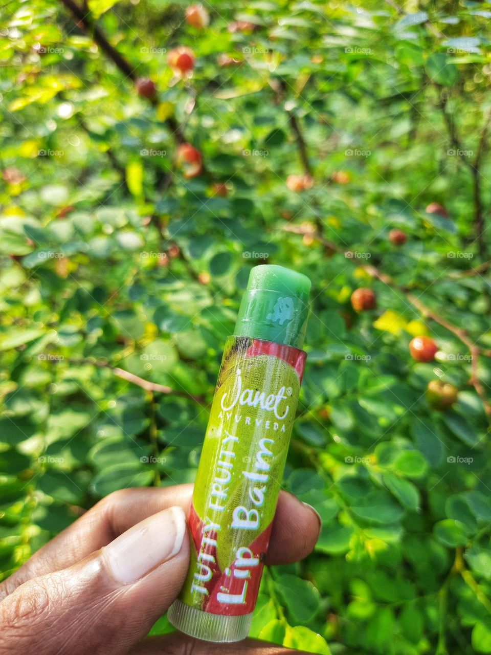janet Tutti fruity Natural lip balm in my hand.