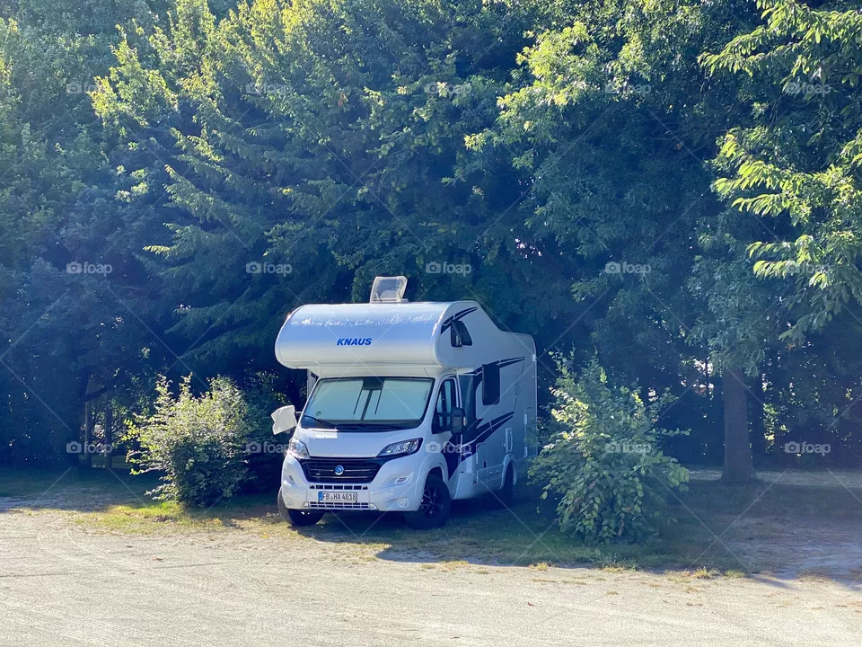 Motorhome standing on a place for Camping Cars with green tree