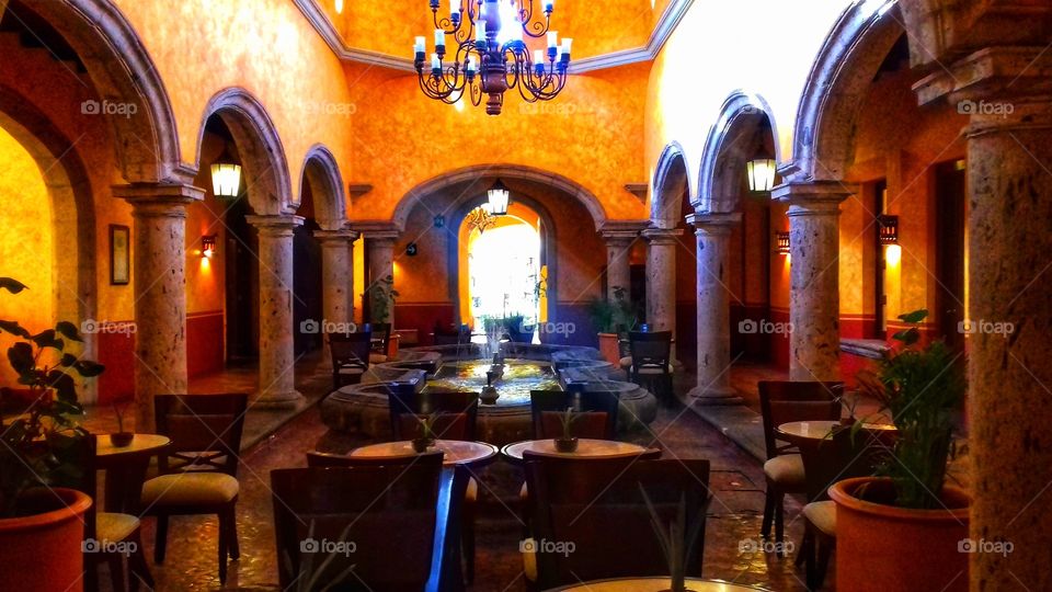 Farm house,architecture,building,house,Window,wall,door,bows,table,chair,Orange,hanging chandelier, colorful,landscape