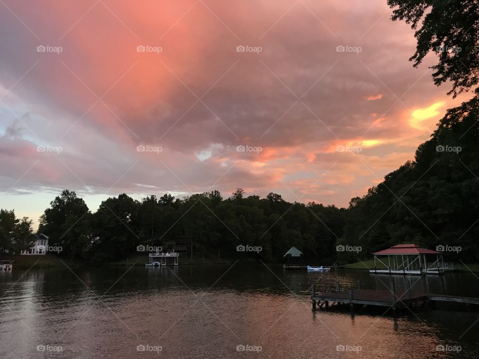 Water, Lake, No Person, Tree, Sunset