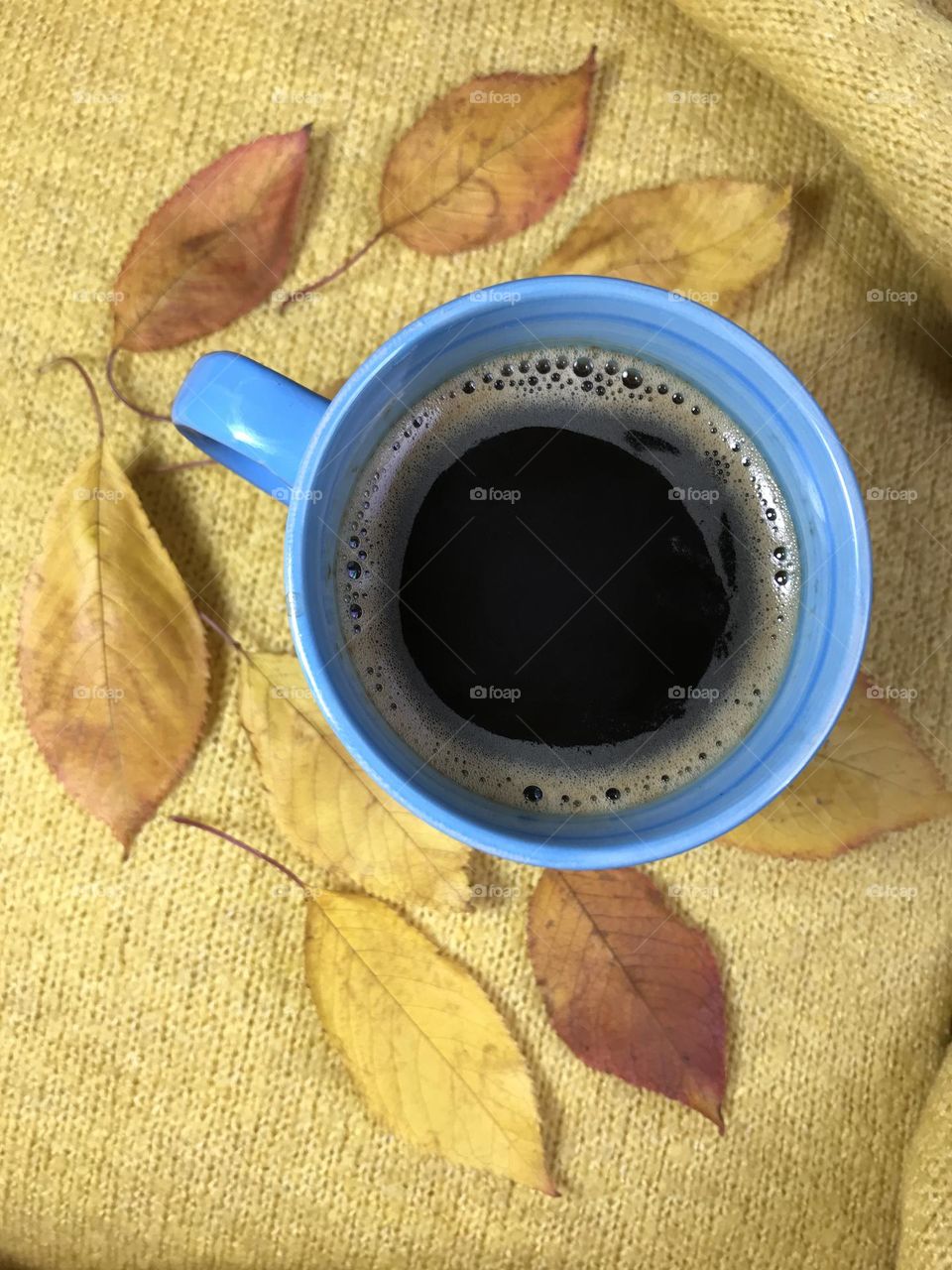 Coffee mug with coffee in the autumn