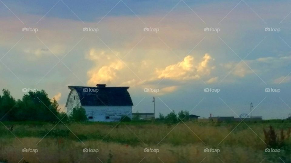 a rustic barn at sunset, framed by low trees