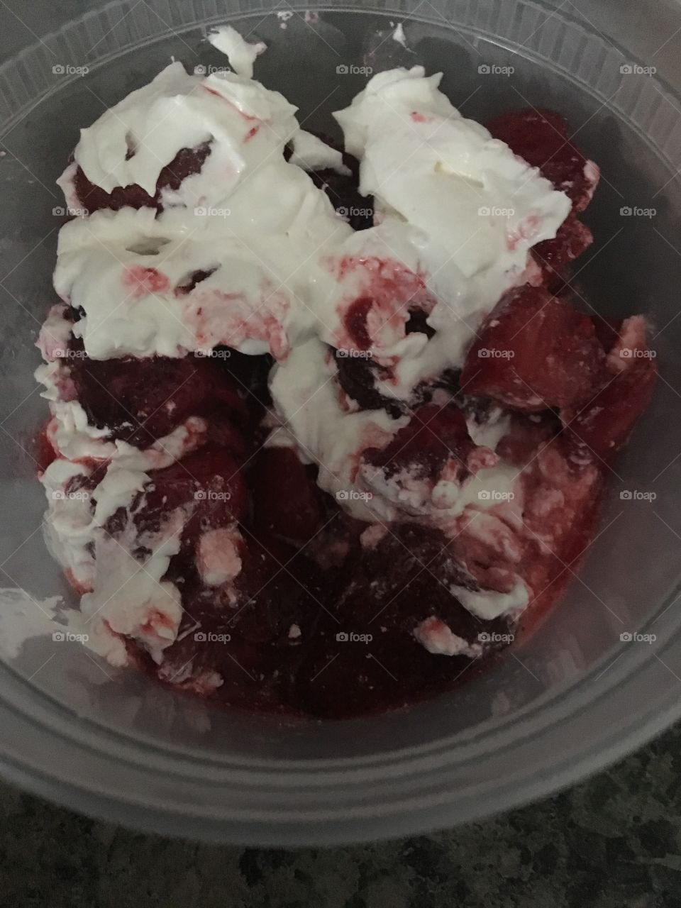 YUMMY!! Mixed berries with whipped cream, my hubby brought this home to me from the center.