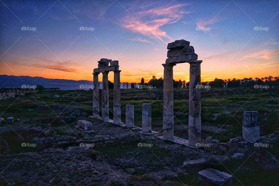 Pamukkale ruins at sunset