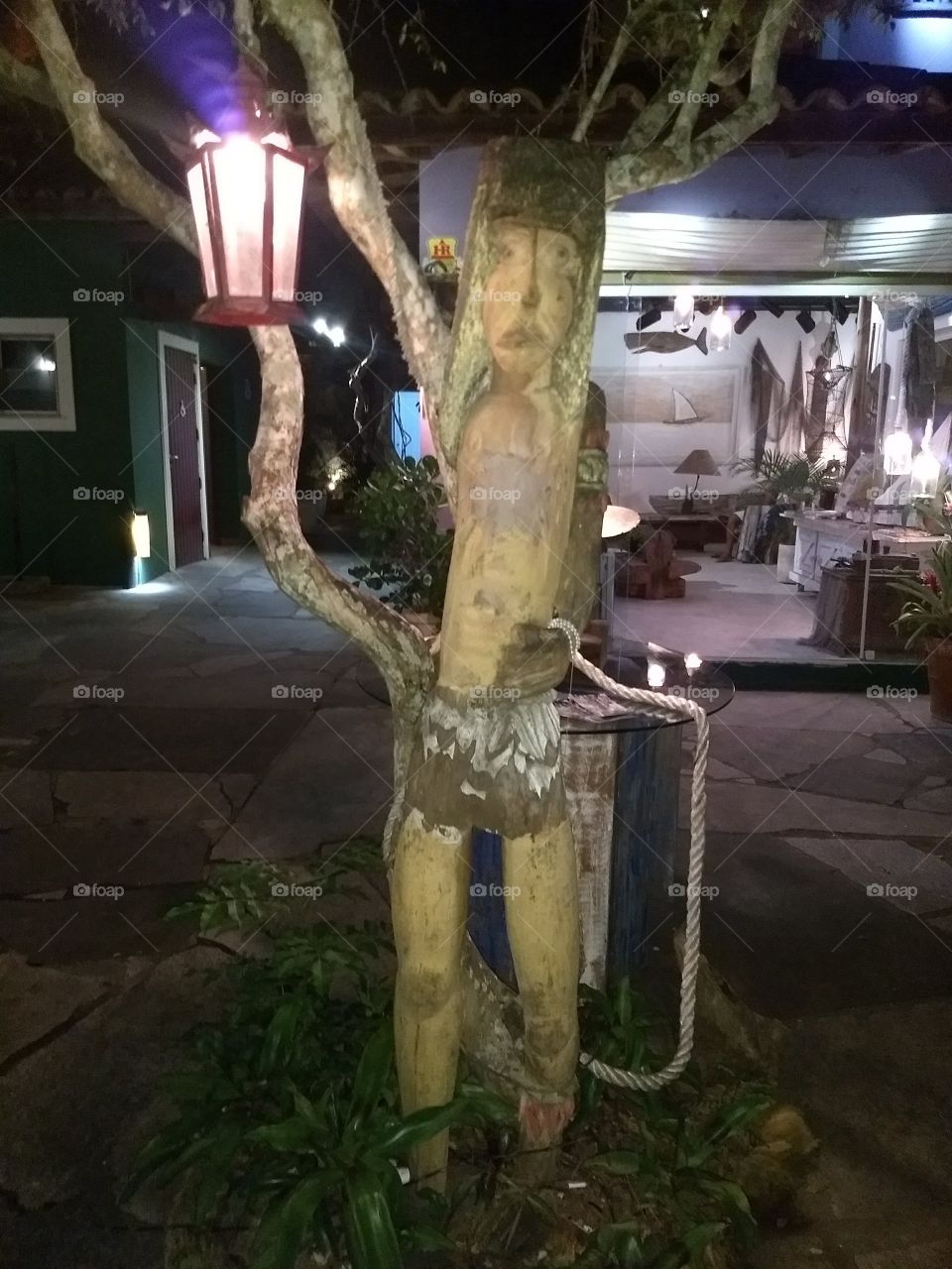 árvore entalhada com luminária