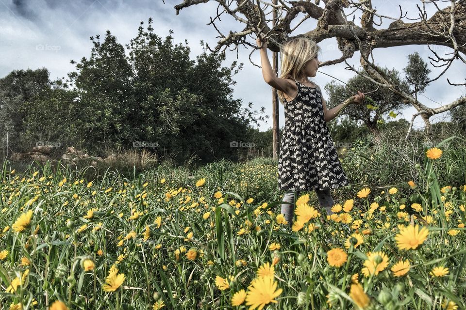 Girl standing in yellow flower field