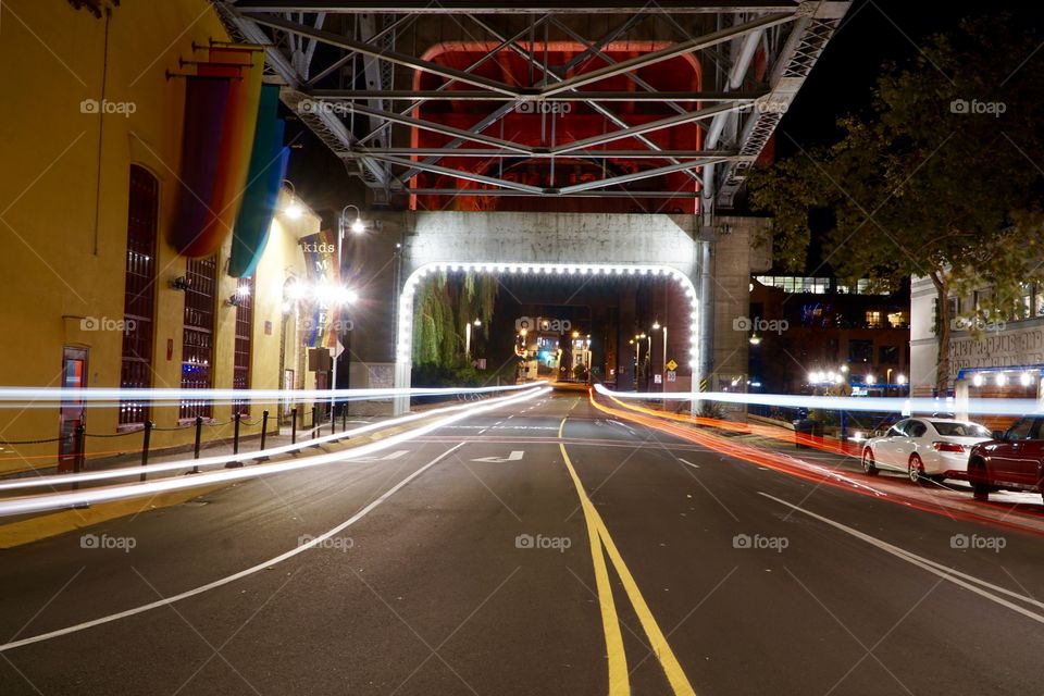 Light trails under Granville Bridge, Granville Island, Vancouver