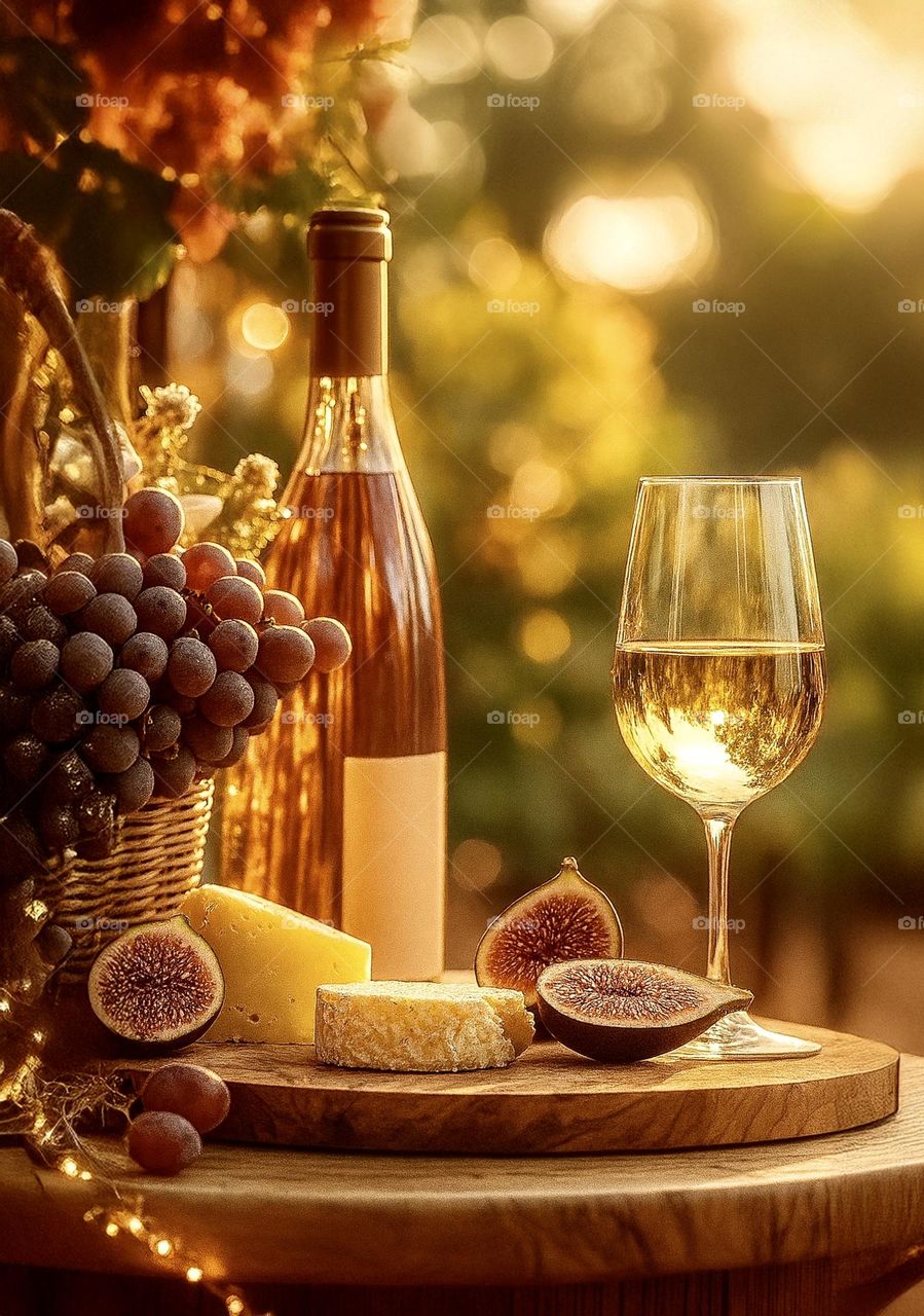 Glass of white wine, bottle, cheese, figs and grapes on wooden table at sunset. Elegant still life with wine and snacks outdoors, romantic dinner concept.