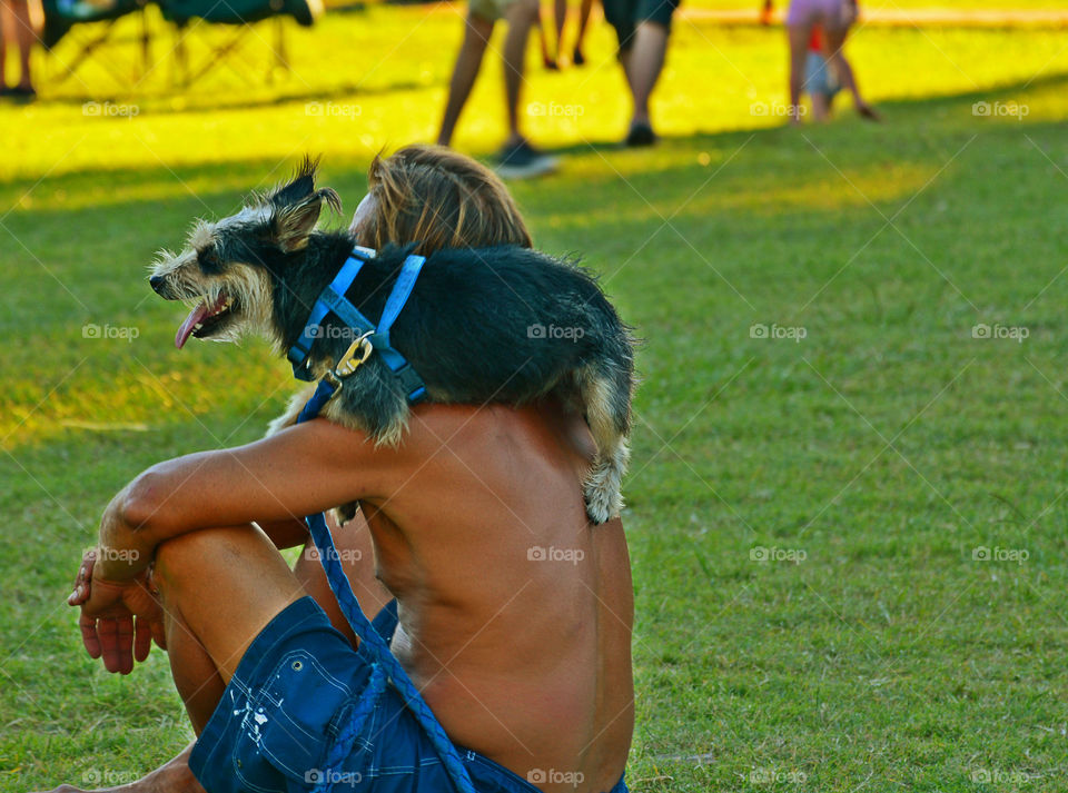 Best seat in town. This photo depicts the dog sitting on his owners back during a live park concert and festival! 