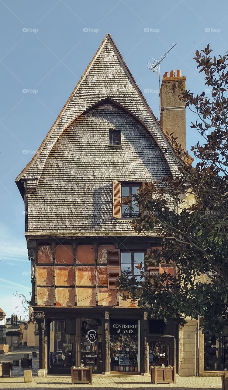 A 15th Century Timbered house, now a chocolate shop -La Confiserie Saint-Yves, La Châtre, France