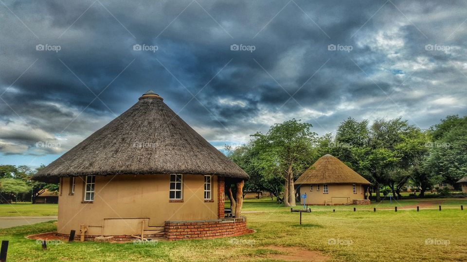 Chalets at a lodge on a cloudy cold day
