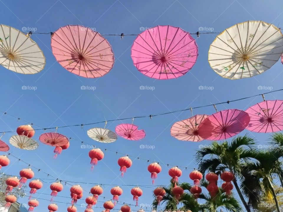 Umbrellas and lanterns decoration.