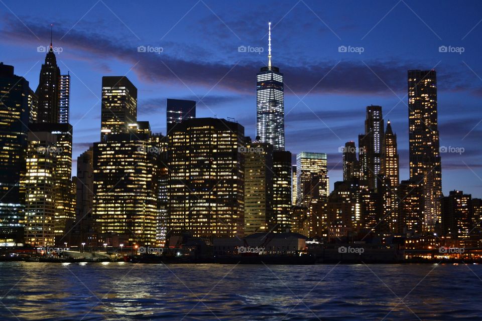 Downtown Manhattan Skyscrapers at Night