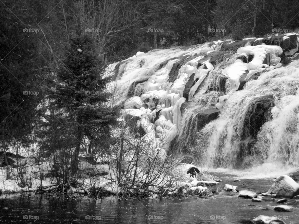 winter waterfall in black and white