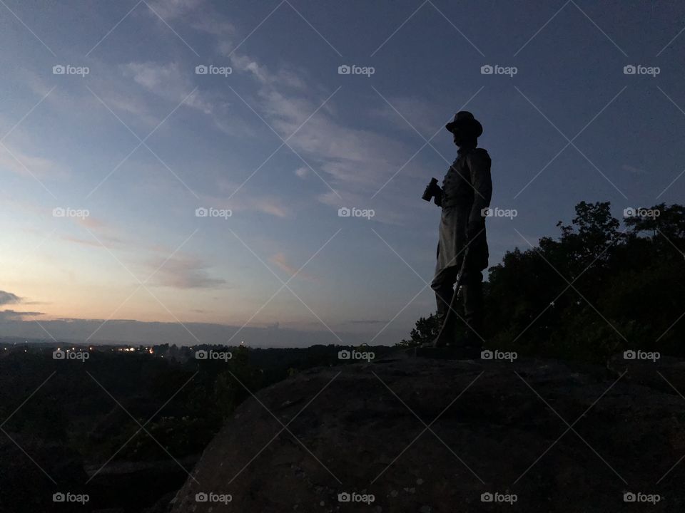 This is a statue on Little Roundtop which can be found in the Gettysburg National Military Park in Gettysburg, PA.