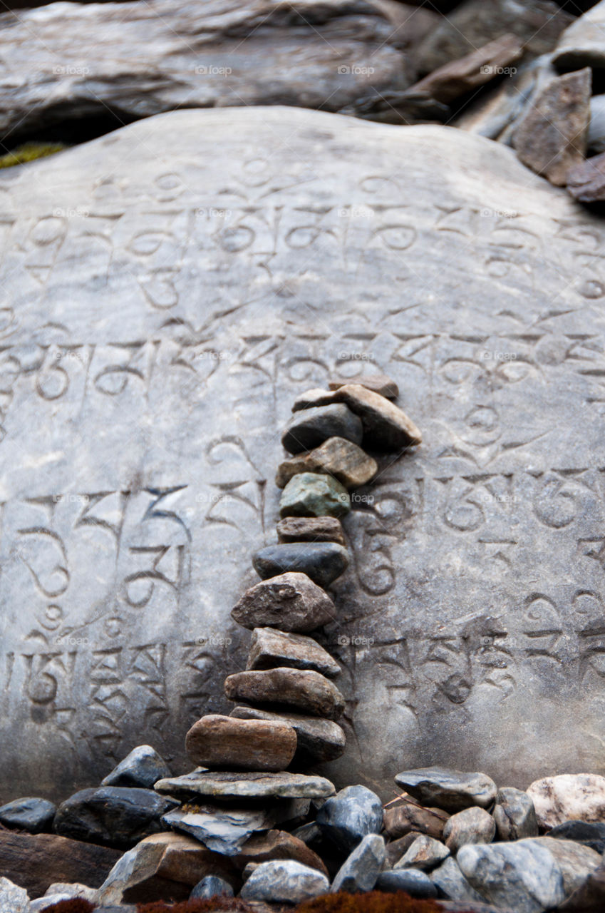 Buddhist stacked stones on the Annapurna Circuit, Nepal.