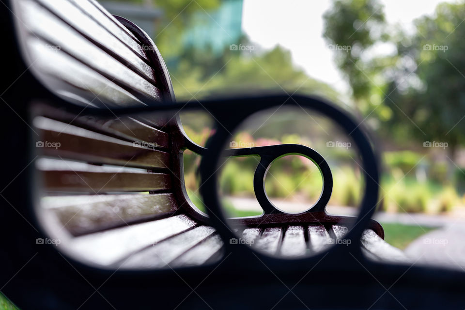 Frame in frame, bench handles in the park