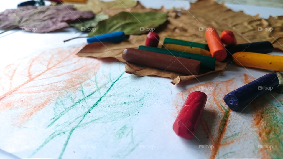 Leaves, crayons and pattern