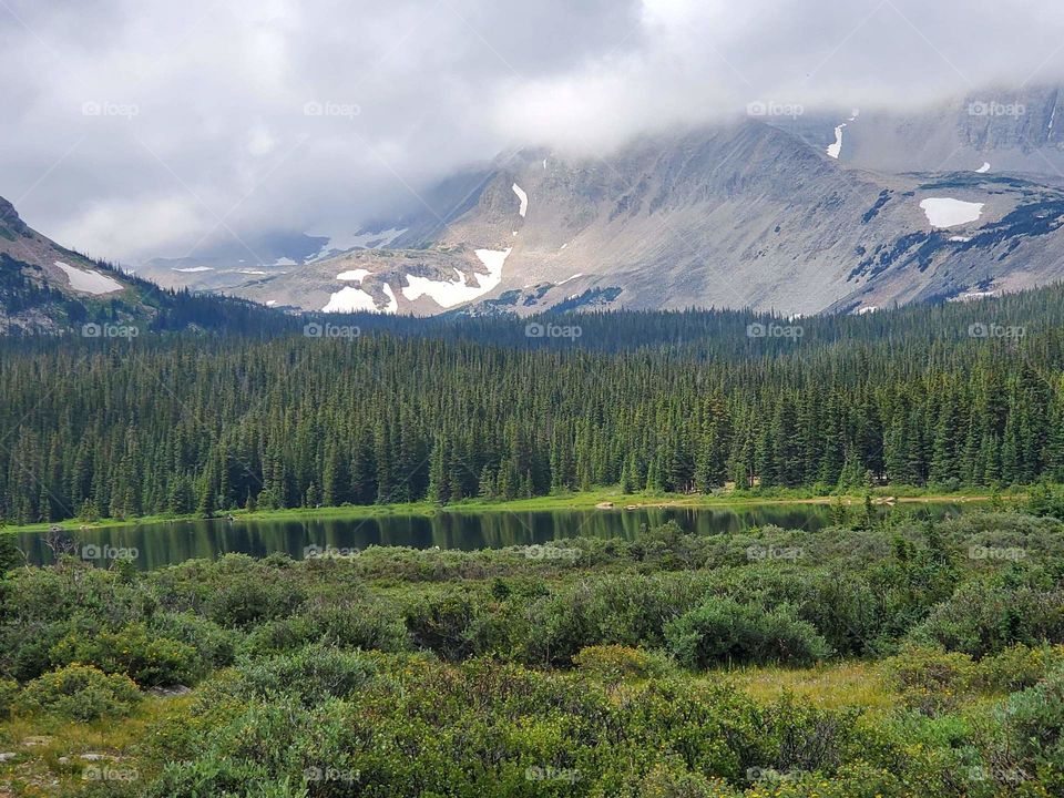 foggy mountain lake day