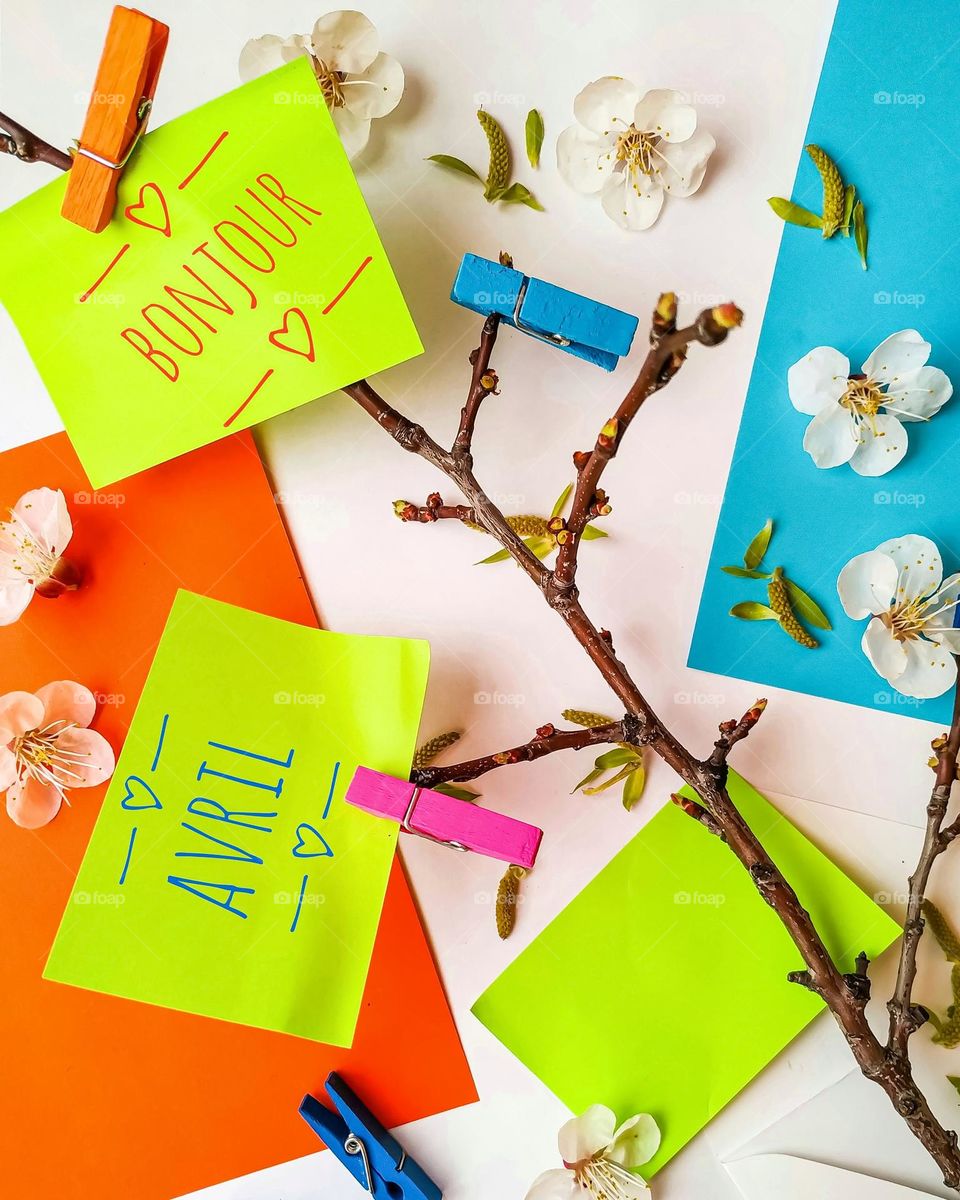 Spring brightly coloured card with inscriptions in French