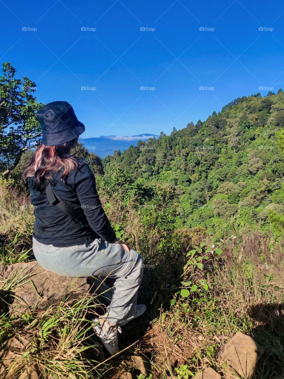 someone who is sitting on a rock and enjoying the view of the forest and blue sky