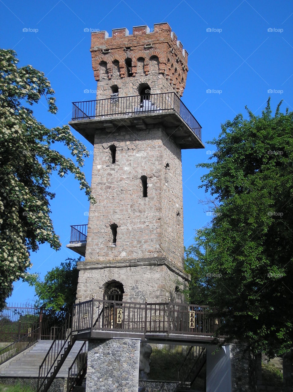 ancient watchtower equipped for tourists as an observation tower for a panoramic view of the resort foothills of the Caucasus.