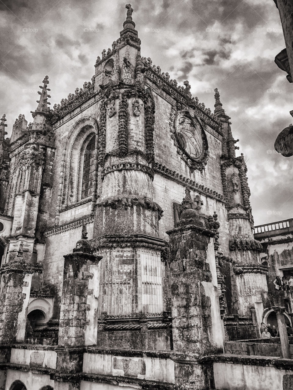 Black & white image of the exterior of The Convent of Christ, Tomar, Portugal