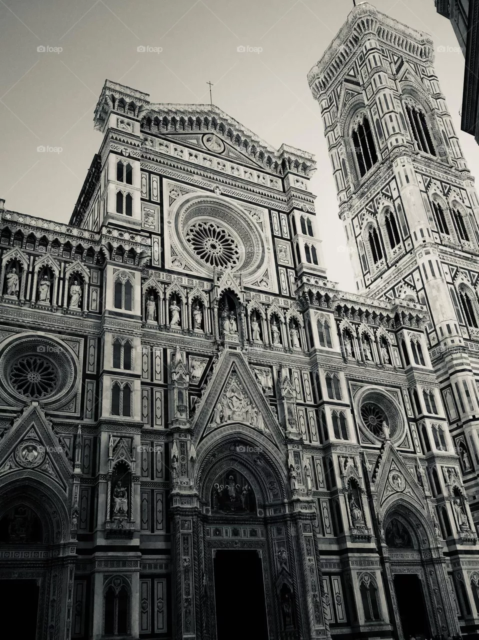 the splendid richly decorated and chiseled facade of the famous cathedral of Santa Maria del Fiore in Florence, an example of Italian architecture in black and white 