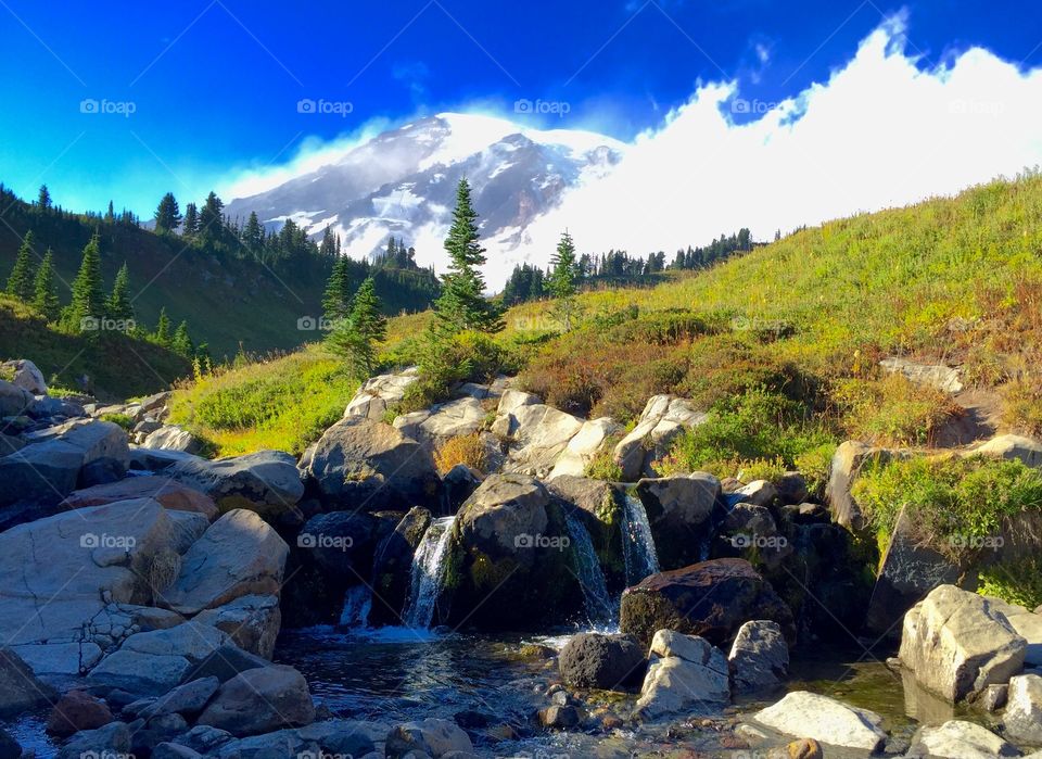 Mt Rainier, waterfall, clouds