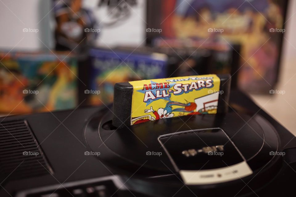 Close-up of a cartridge with the game all stars for shogi Mega Drive. No people, time to play. Vintage game
