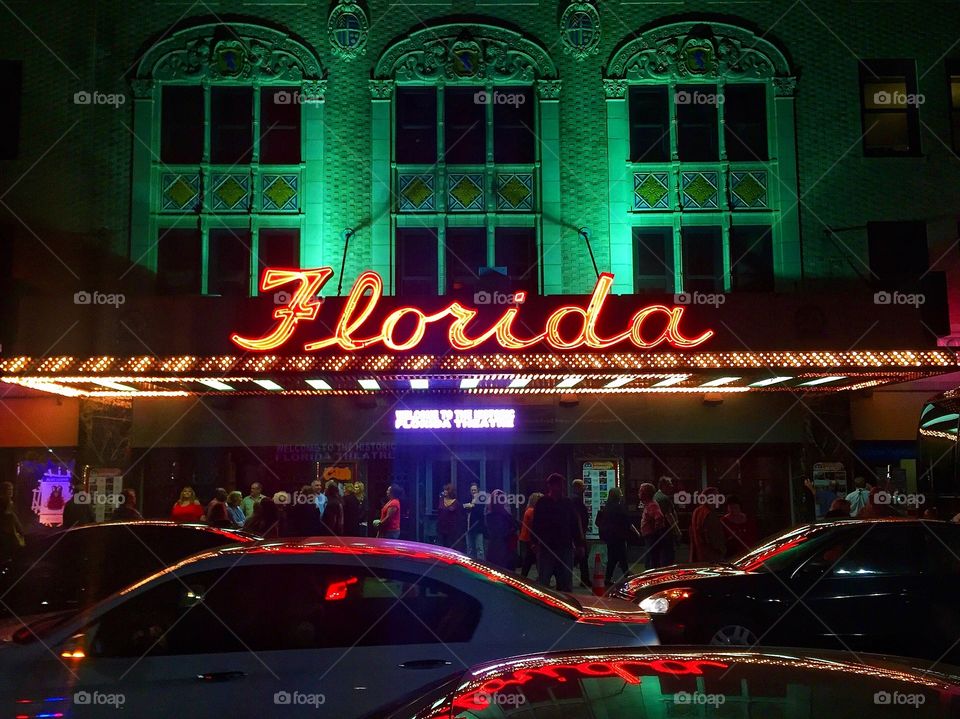 Street view of neon lights on the historic Florida Theatre building in Jacksonville