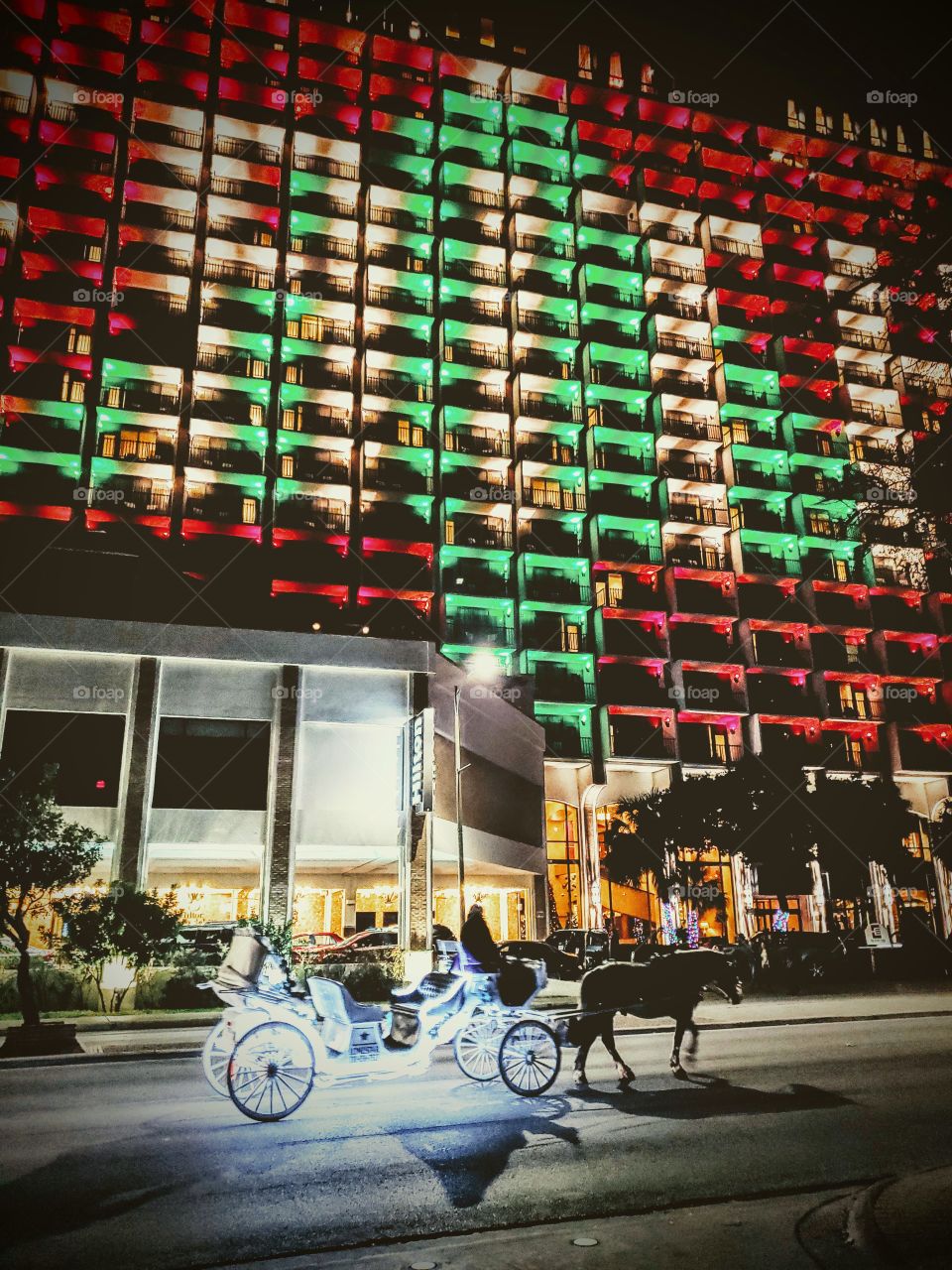 Horse carriage travelling in the evening in front of a Hilton hotel with Christmas themed balcony red, green and white lights.