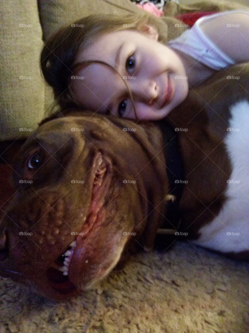A girl and her dog. Young girl cuddling a pit bull