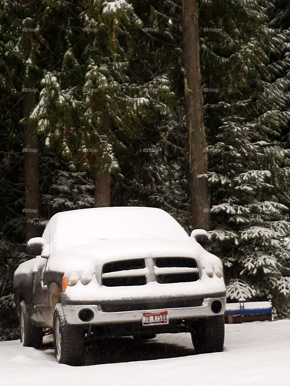 truck covered in snow scenic mountain setting