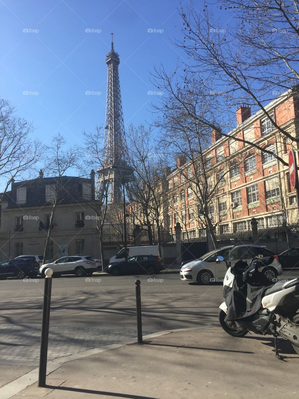 City street in Paris France Eiffel Tower 