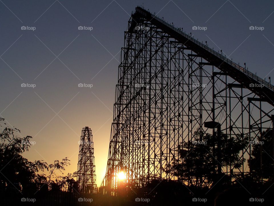 Mamba Roller Coaster, Worlds of Fun. I was lucky to get this shot of the Manna roller coaster as the sun was setting, Worlds of Fun, Kansas City.