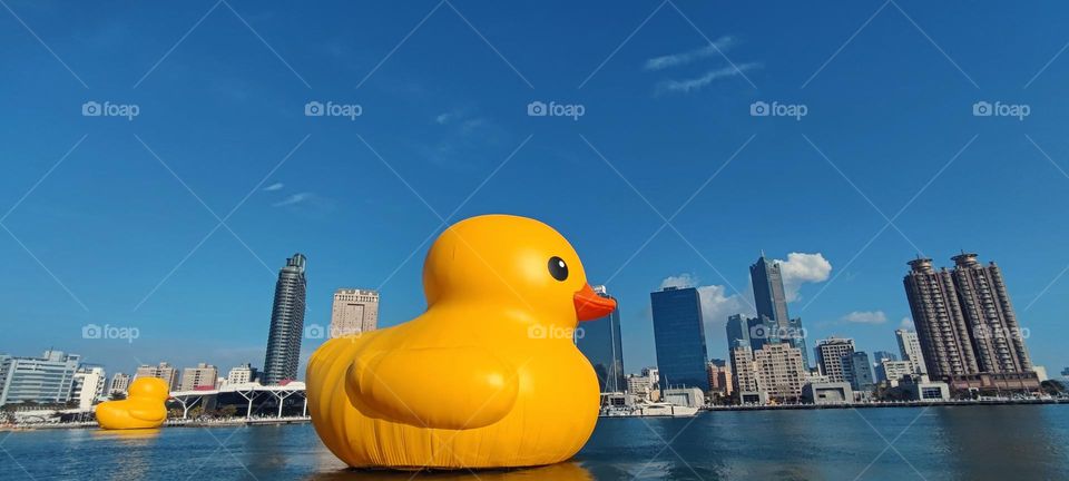 Rubber Duck floating on Lover River Bay in Kaohsiung, Taiwan