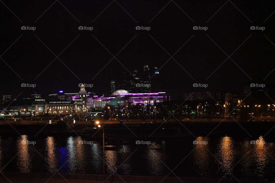 Berth, sunset, river,  Moscow, city, night city, Moscow does not sleep