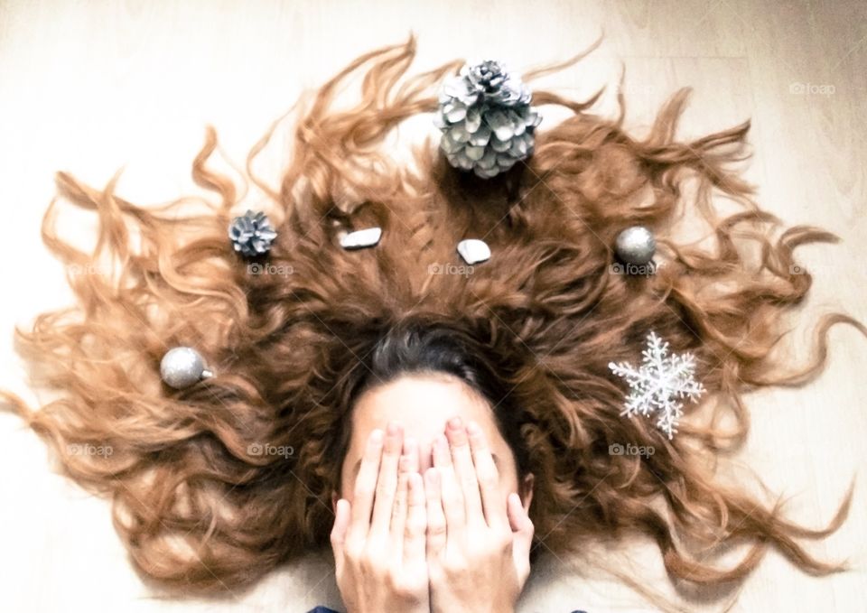 Hair of lady in Christmas decor 