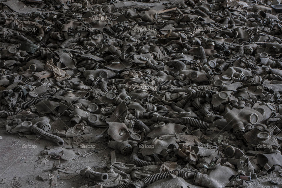 gas masks . large pile of gas masks found in Pripyat, Ukraine 