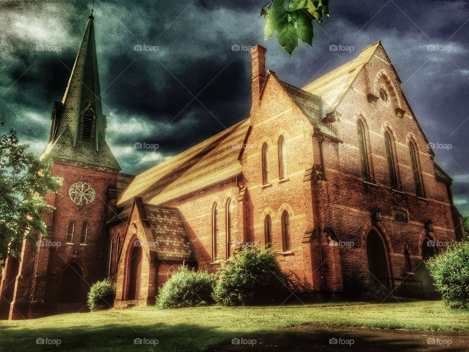 Amazing old Dutch church. A 19th century Dutch church on a stormy day b