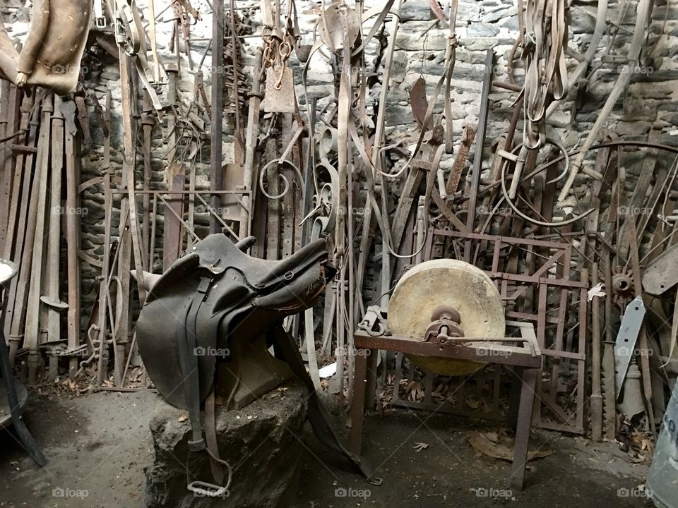 Vintage ironwork and grinding wheel