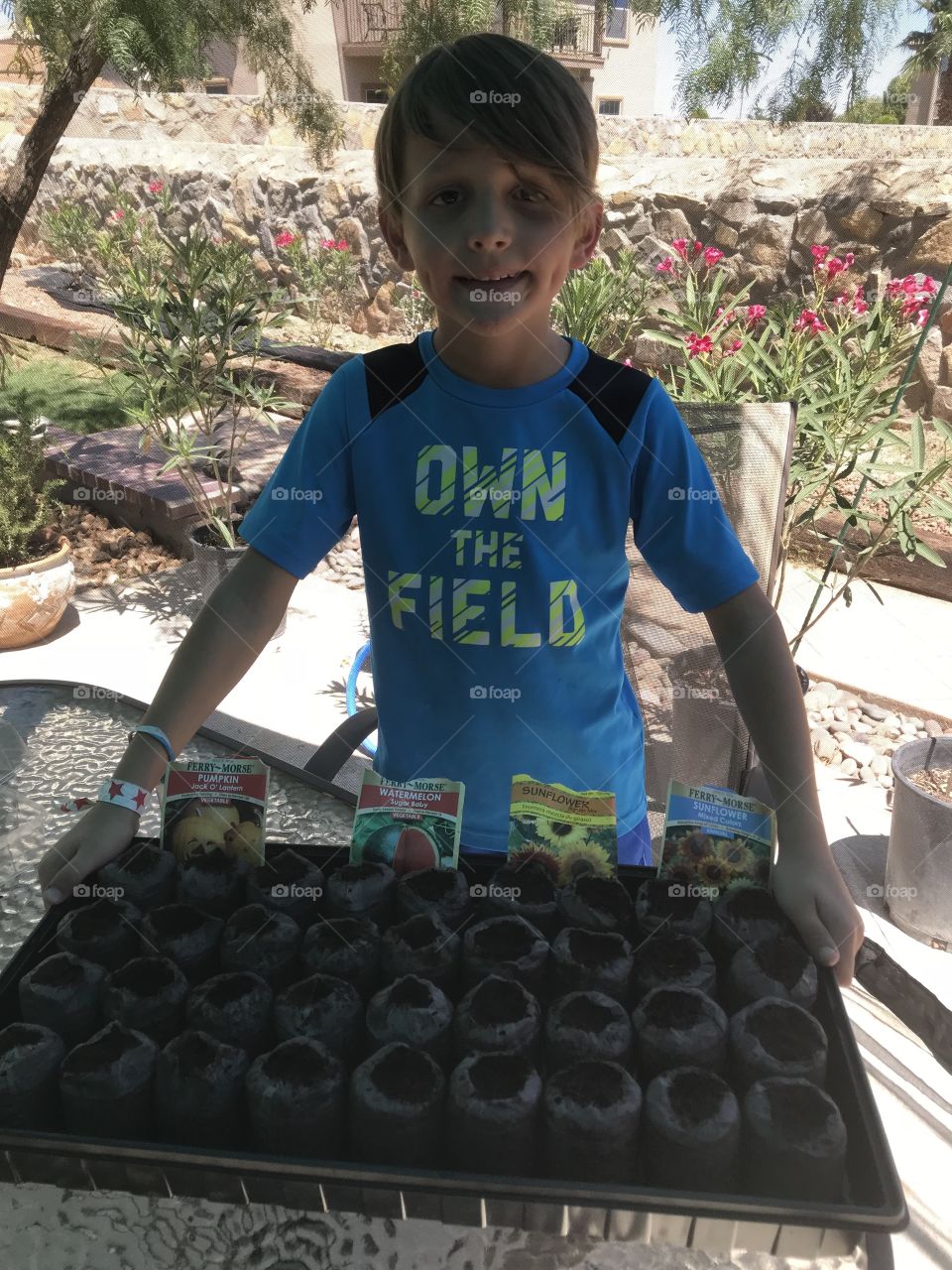 Young boy learning to sow seeds and grow plants