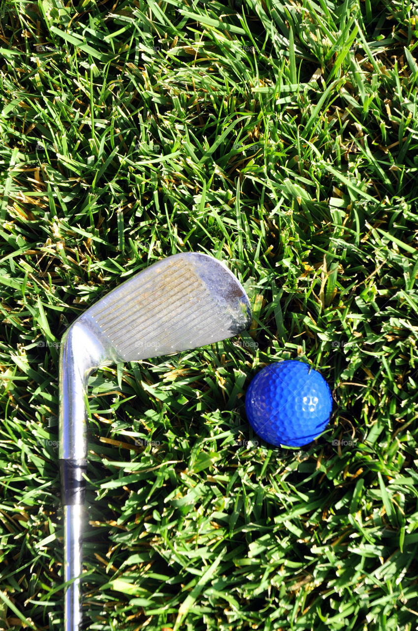 Golf club and ball laying in the grass.
