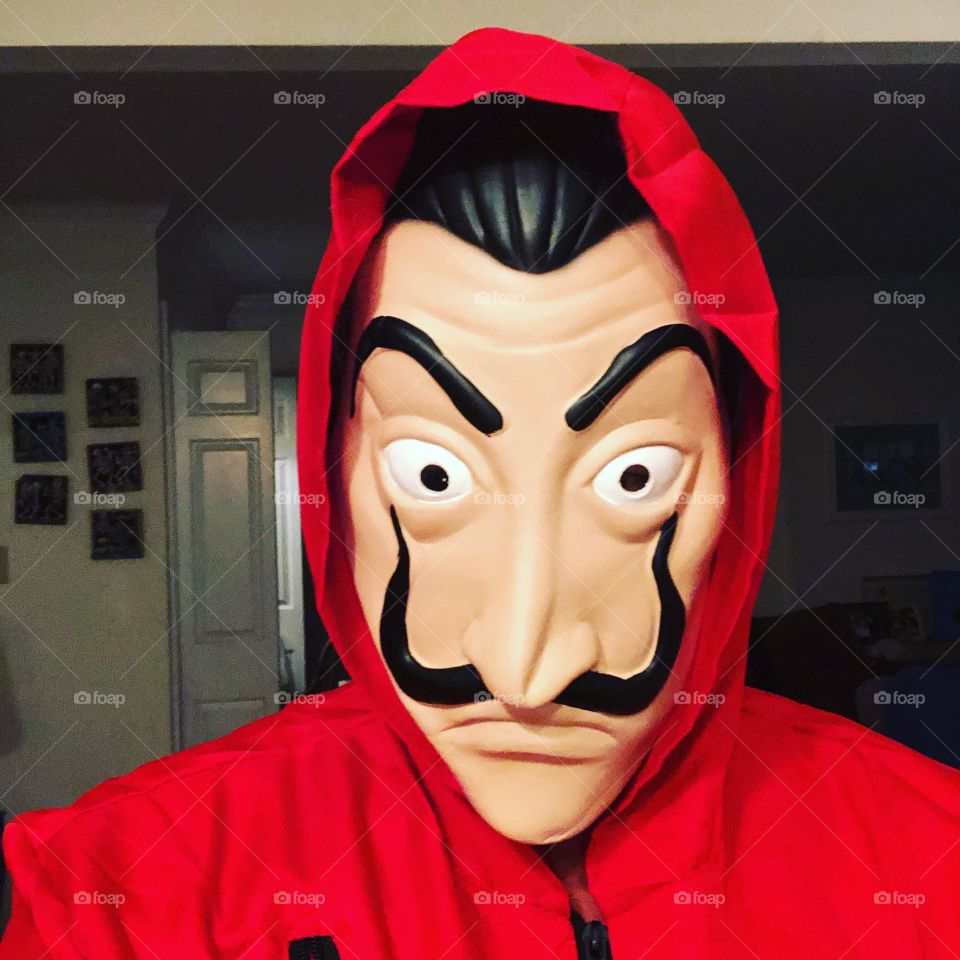 Halloween costume, Salvador Dali mask, red jumpsuit from Casa de Papel