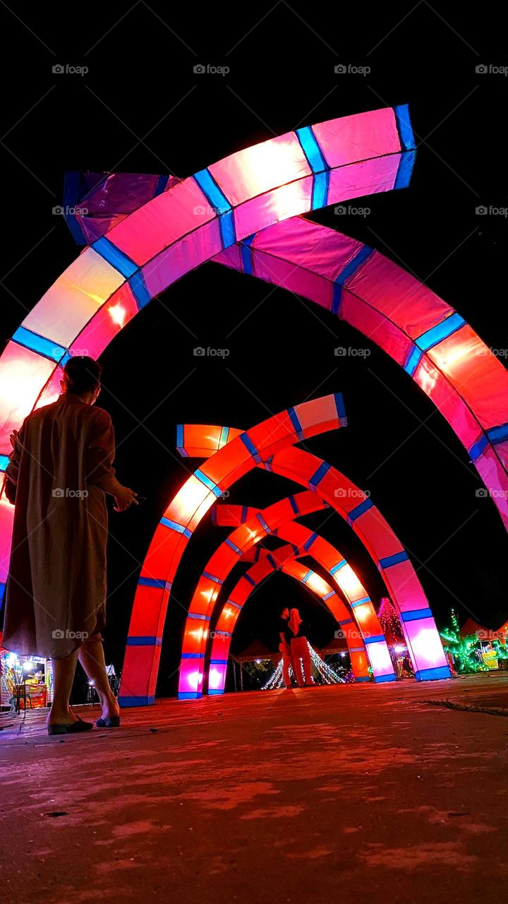 lined up gate lights at night