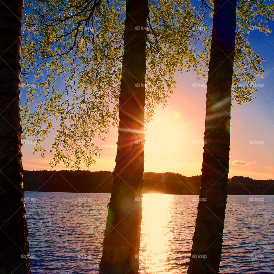 Solnedgång . Vid sjön