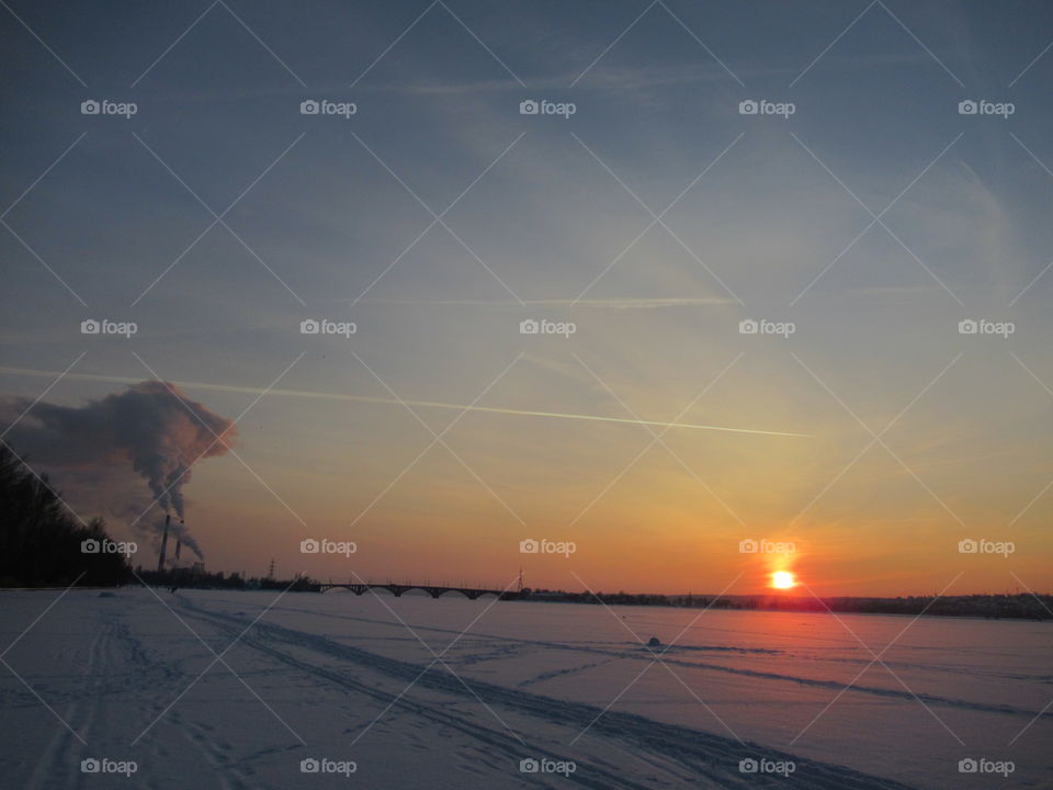 sunset in winter in Central Russia, Voronezh, January, Epiphany frost
