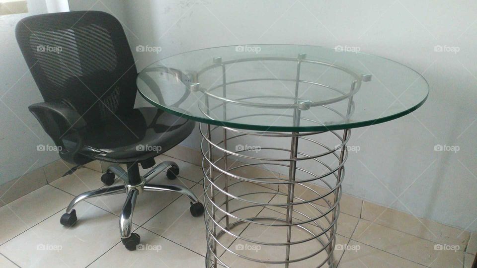 Circular glass office table and chair