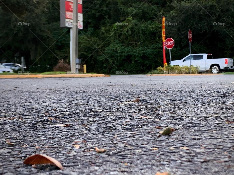 Commuting: vehicles busy going on their own ways and direction where they need to be and go down the road seeing businesses signs , trees and stop signs.